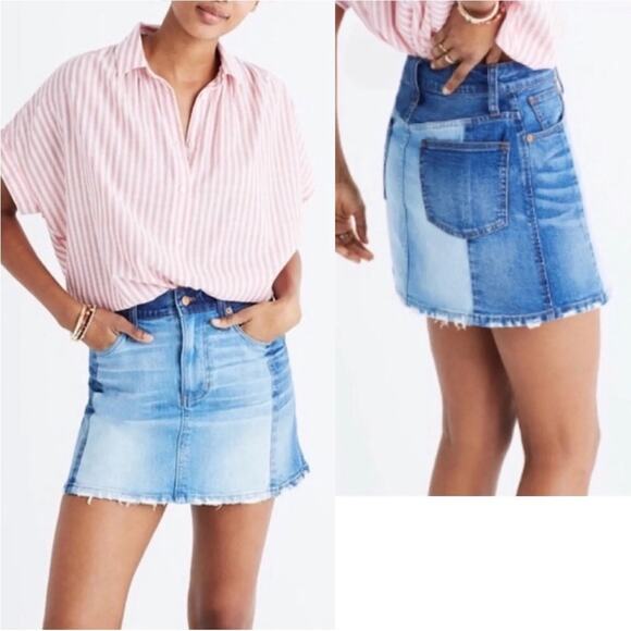 Madewell McCarren Pieced Two Tone Distressed Hem High Rise Denim Skirt - Picture 1 of 12